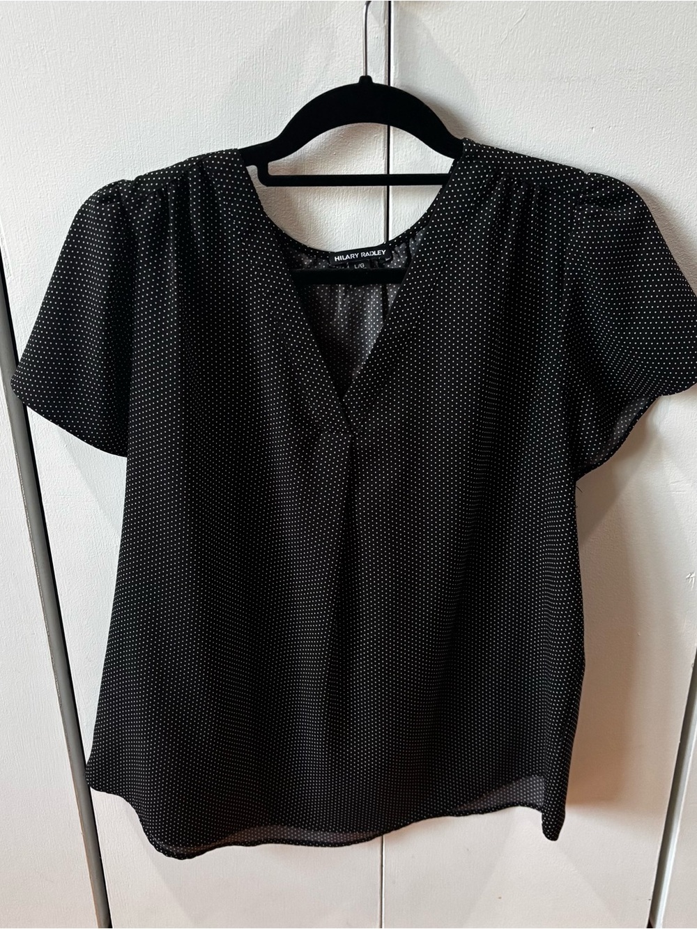 Hilary Radley Black and White Microdot V-Neck Short Sleeve Blouse